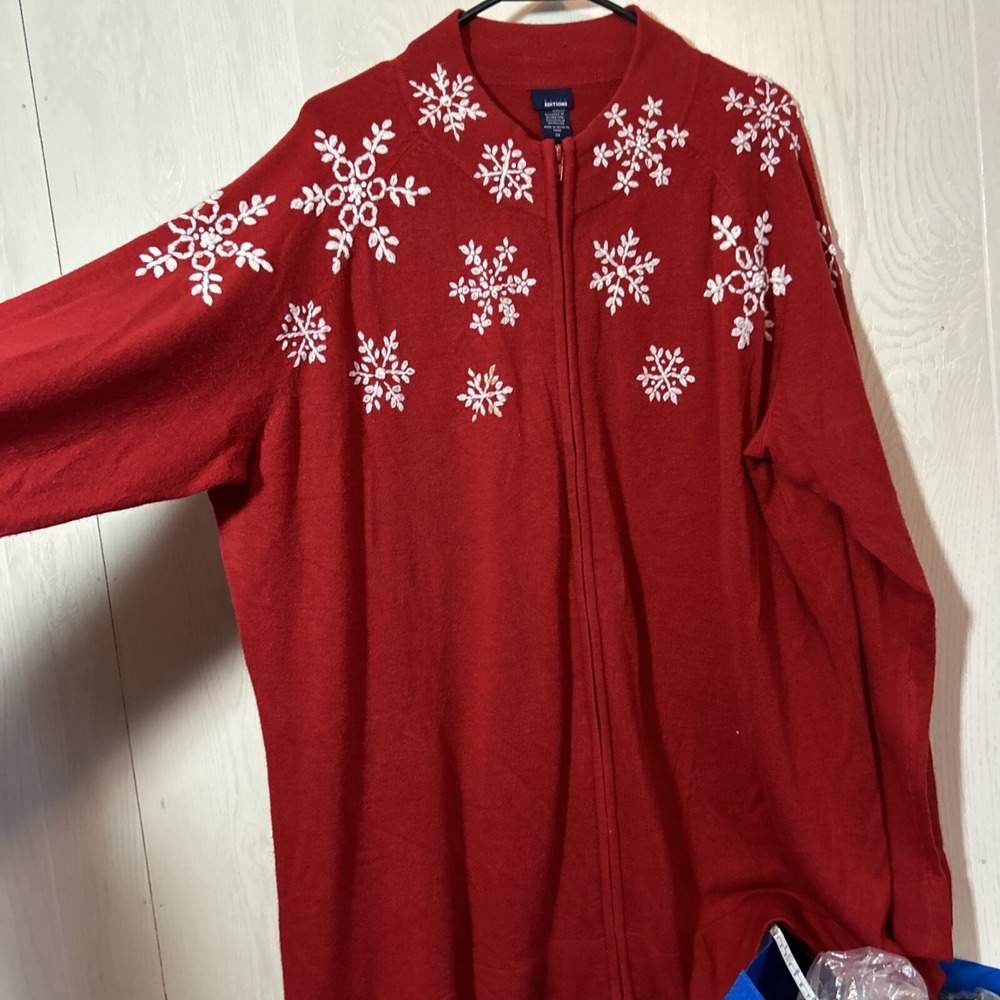 basic editions Plus 3X Red Zip Front Cardigan Sweater Embroidered Snowflakes